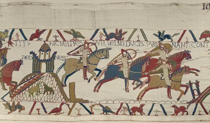 Herzog Williams Soldaten reiten an Rennes vorbei auf der Jagd nach Herzog Conan von Bretagne, Teppich von Bayeux
